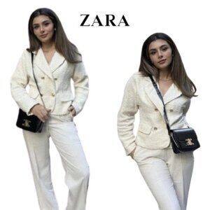 Zara Women's Textured Tweed Double-Breasted Blazer in Ecru Size M